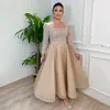 2022 Champagne Ankle Length evening Prom Dresses Square Neck beaded crystal bodice long sleeves Moroccan Caftan Formal Party Gown Sequin Arabic Dubai Lady Wear