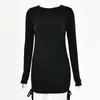 Casual Dresses 2022 Long Sleeve O Neck Knit Pleated Mini Dress Autumn Winter Women Solid Party Elegant Streetwear Outfi Bodycon