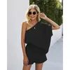 Women's Tracksuits Casual Solid Color Two Pieces Set Women One Shoulder Straight Playsuits Short Sleeve High Waist Rompers Summer 2022