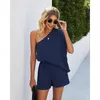 Women's Tracksuits Casual Solid Color Two Pieces Set Women One Shoulder Straight Playsuits Short Sleeve High Waist Rompers Summer 2022