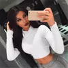 Women's Blouses Fashion Women's High-Necked Stack Solid Color Long-Sleeved Slim Shirt Short Paragraph Navel Tight Sexy High Street Style