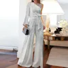 Women's Two Piece Pants Comfy 2Pcs/Set Trendy One Shoulder Top Patchwork Shiny Set Wide Leg Casual Outfit Straight For Vacation