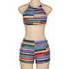 Women's Tracksuits Summer Halter Crop Tops Two Piece Set Women Colorful Geometric Backless Shirt Cargo Biker Pant Shorts Sexy Casual Beach