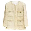 Spring Round Neck Tweed Paneled Sequin Jacka Ivory Solid Color 4/5 långärmad klassiska fickor Woolen Jackor Coat Cort Outwear 22G186302