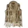 Fourrure femme Faux Nieuwe Real Dames Echte Gebreide fourrure de lapin Met Wasbeer Trimmen gilet hiver Jas Harppihop Bont L220829