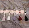 Custom Cotton Tassel Silicone Bead Key Ring Wholesale Carved Wood Disc Boho Straight Keychain