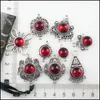 Breloques à la mode, trèfle, fleur, croix, couronne, connecteurs en forme de larme, glaçage rouge, pendentifs tibétains plaqués argent, rétro, 10mm