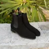 Men Shoes Boots Black Flock Business Handmade Ankle Slip on Low Heel Solid Color