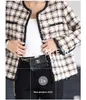 2022 Autumn Round Neck Tweed Panelled Jacket Brown Plaid Long Sleeve Single-Breasted Contrast Trim Jackets Coat Short Outwear 22G186319