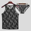 M￤ns s￶mnkl￤der incerun m￤n mesh pyjamas s￤tter transparent spets sexig o-hals ￤rml￶sa tank top boxers trosor 2 st.