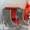 Rhinestone ayak bileği botları kadın ayakkabıları için tam matkap ayak parmakları lüks tasarımcı 9.5cm stiletto topuklar en kaliteli koyun derisi süet moda moda roman bot