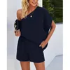 Women's Tracksuits Casual Solid Color Two Pieces Set Women One Shoulder Straight Playsuits Short Sleeve High Waist Rompers Summer 2022