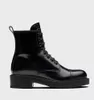 Bottines en cuir brossé Re-Nylon Winter Fashion Noir Recyclé Métal émaillé Triangle Combat Boot Chunky Lug Sole Platform Moto Booties EU35-40