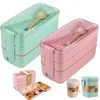 Wheat Straw Lunch Box for Kids Tuppers Food Containers School Camping Supplies Dinnerware Leak-Proof 3 Layer Bento Boxes