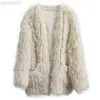 여자의 여성 긴 양 모피 코트 박차 패션 포켓 포켓 따뜻한 겨울 추운 날씨 새로운 Come Lamb Fur Knitted Jacket L220829