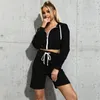 Women's Tracksuits Women 2 Pieces Shorts Set 2022 Autumn Casual Black Zip Up Cropped Hoodies Sweatshirt With High Waist Drawstring Sporty