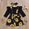 Kleidungssets Baby-Mädchen-Sonnenblumen-Blumenstrampler-Kleinkind-Latzkleid-Born-Stirnband-Outfits Mädchen-Sommerkleid-Kleidungsset