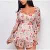 Casual Dresses Chronstyle Summer Women Jumpsuits Long Sleeve Lace Up Ruffles Floral Print Rompers Female Playsuits 2022 Square Collar