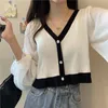 Femme Fourrure Fausse Fourrure Cardigan Femmes Pull Élégant Patchwork Lanterne Manches Printemps Automne Vneck Doux Confortable Dame Bureau Quotidien Mince Allmatch 220826