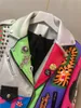 Kadın Ceketler 3xl Perçin Boncuk PU Deri Ceket Hit Renk Graffiti Dış Giyim Harfleri Basılı