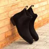 Men Shoes Boots Black Flock Business Handmade Ankle Slip on Low Heel Solid Color