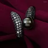 Wedding Rings Black Gun Finger Snake Design Simulated Pearl Micro Paved White Cz Zircon Adjust Ring For Women Distribution