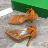 Top crystal decorative high-heeled sandals luxury designer sexy hollow out wedding banquet party shoes 9.5cm leather mesh square toe ring Lace up women's shoes