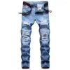 Men's Jeans Blue Hole Men Hip Hop Streetwear Fashion Slim Distressed Biker Trousers