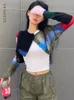 Kvinnor S Knits Tees Yedinas Streetwear Patchwork Crop Top Cardigan Långärmning Stickad SMOCK CRUEDT TREEATER Y2K KOREASIL KARDIGAN 220829