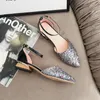 Sandals Bling Mixed Colors Pointy Toe Mules Women Solid Wood Low Heels Sandalias Paillette Buckle Mary Janes Shoes Big Size34-43