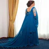 Luxury Blue Mother Of The Bride Dress Plus Size 2022 Elegant Caped Dubai Evening Dress For Wedding Guest Wear Sexy Backless Chiffon Prom Formal Party Skirt