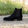 Men Shoes Boots Black Flock Business Handmade Ankle Slip on Low Heel Solid Color