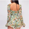 Casual jurken Chronstyle zomer dames jumpsuits lange mouw veter omhoog ruches floral print rompers vrouwelijke playsuits 2022 vierkante kraag