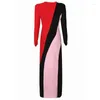 Casual Kleider Charming Streamline Colorblock Nieten Maxi Femme Fress V-ausschnitt Langarm Elegante Kommende Etuikleid Vestidos Für Frauen