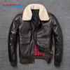 Mens Leather Faux Flight Jacket Fur Collar Echte toplaag Koe mannen Zwart Brown Coat Winter 220829