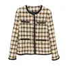 2022 Autumn Round Neck Tweed Panelled Jacket Brown Plaid Long Sleeve Single-Breasted Contrast Trim Jackets Coat Short Outwear 22G186319