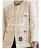 Spring Round Neck Tweed Paneled Sequin Jacka Ivory Solid Color 4/5 långärmad klassiska fickor Woolen Jackor Coat Cort Outwear 22G186302