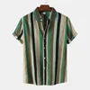 Men's Casual Shirts Summer Shirt Stripe Print Short Sleeve Cardigan Turn-down Collar Men Top Lapel Contrast Color