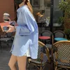 여자 폴로 패션 패션 느슨한 블루 셔츠 여성 봄 여름 학생 여성 의류 2022 레트로 탑 레이디스 탑