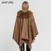 Pelliccia da donna finta JKKFURs vero poncho colletto autentico finiture in lana cashmere mantello stile moda cappotto invernale caldo S7357 220829