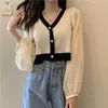 Femme Fourrure Fausse Fourrure Cardigan Femmes Pull Élégant Patchwork Lanterne Manches Printemps Automne Vneck Doux Confortable Dame Bureau Quotidien Mince Allmatch 220826