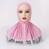 Modischer Premium-Jersey-Instant-Hijab-Tudung mit Spitze und drei Knöpfen, muslimischer Unterschal für Damen, freie Größe