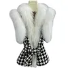 Womens Fur Faux Stylish Ladies Outwear Winter Houndstooth ullväst med naturlig äkta krage rutig verklig väst 220829