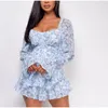 Casual Dresses Chronstyle Summer Women Jumpsuits Long Sleeve Lace Up Ruffles Floral Print Rompers Female Playsuits 2022 Square Collar