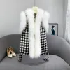 Femmes fourrure Faux élégant dames Outwear hiver pied de poule laine gilet avec naturel véritable col Plaid réel gilet 220829