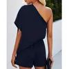 Women's Tracksuits Casual Solid Color Two Pieces Set Women One Shoulder Straight Playsuits Short Sleeve High Waist Rompers Summer 2022