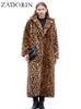 Kvinnors päls zadorin high street leopard tryck lång kappa fluffig jacka för kvinnor vinter faux kanin päls trenchcoat plysch jackor l220829