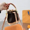 Mini Bucket Bag Drawstring Handbag Crossbody Bags Shoulder Bag Old Flower Coin Purse Genuine Leather Wallets brown Removable Strap