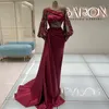 Klasik Denizkızı Saten Prom Elbiseler Uzun Kollu Boncuklu Kristal Bordo Arapça Kadınlar için Gece Elbise Vestidos Parti Elbise
