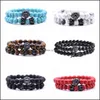 Beaded Strands 2 Pcs/Set Animal King Lion Head Howlite Turquoise Bracelet Black Natural Stone Crown Couple Braclet Sets Dhseller2010 Dhcei